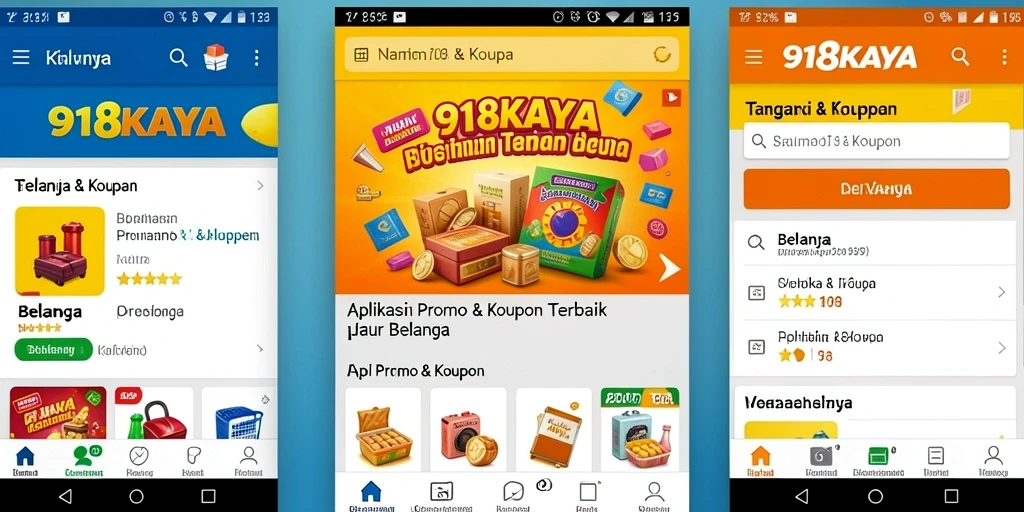 Antarmuka aplikasi 918KAYA menampilkan berbagai kupon dan promo menarik.