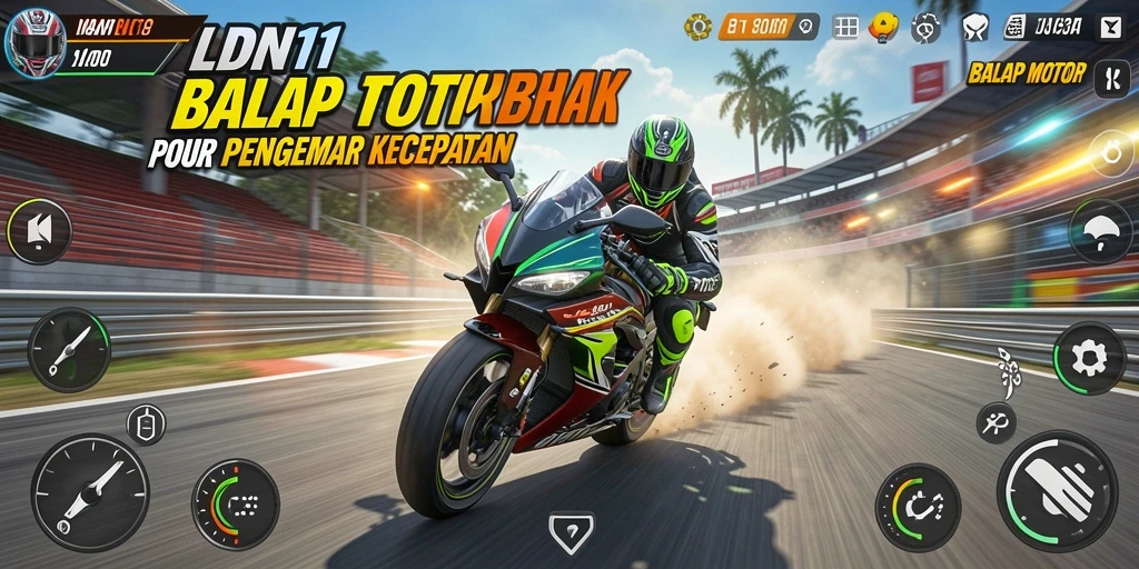 Antarmuka permainan LDN11 menampilkan balapan motor yang menegangkan.