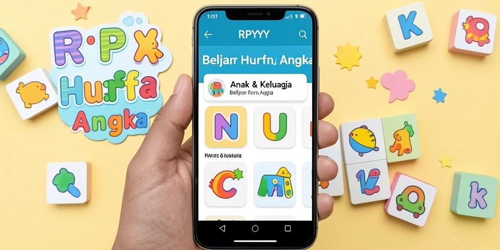 Screenshot aplikasi RPYYY yang menunjukkan antarmuka belajar huruf dan angka.
