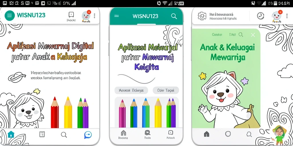 Antarmuka aplikasi WISNU123 yang inspiratif dan interaktif untuk mewarnai.